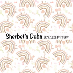 May include: A seamless pattern featuring pastel rainbows with hearts and small circles in beige, brown, and pink on a white background. The text "Sherbet's Dabs Seamless Pattern" is at the bottom of the image.