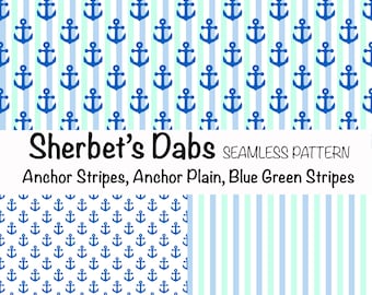 Könnte beinhalten: Ein nahtloses Muster mit drei verschiedenen Designs: blaue Anker auf weißen Streifen, blaue Anker auf weißem Hintergrund und blaue und grüne Streifen auf weißem Hintergrund. Der Text "Sherbet's Dabs" und "SEAMLESS PATTERN" wird über den Designs angezeigt.