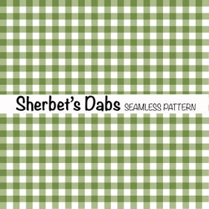 Può includere: Un motivo senza cuciture di quadrati verdi e bianchi, che ricorda una tovaglia a quadri. Il testo "Sherbet's Dabs Seamless Pattern" è visualizzato sotto il motivo.