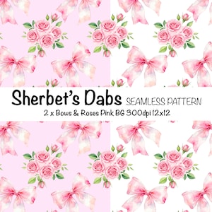 May include: Seamless pattern design featuring pink bows and rose bouquets on a pink and white background. The text "Sherbet's Dabs" is displayed at the bottom of the image, along with "2 x Bows & Roses Pink BG 300dpi 12x12".