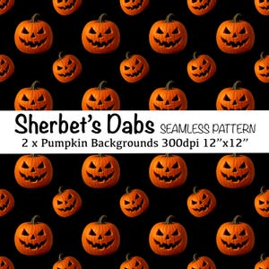 May include: A repeating pattern of orange carved pumpkins on a black backdrop. The image includes the text "Sherbet's Dabs" and details about the backgrounds, including the size of 30.48cm x 30.48cm.
