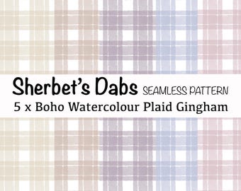5 Boho Watercolor Gingham Plaid Seamless Patterns (Digital Download)