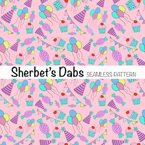 Hand Drawn Birthday Party Seamless Pattern with pink Background Hand Drawn 300 DPI PNG For Digital Papers, Vinyl and Fabric Design