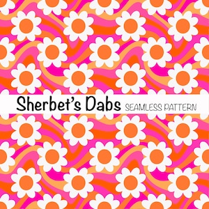 May include: A seamless pattern featuring white daisies on a background of orange, pink, and yellow wavy lines. The text "Sherbet's Dabs Seamless Pattern" is at the top of the image.