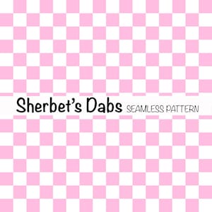 Könnte beinhalten: Ein nahtloses Muster aus abwechselnd rosa und weißen Quadraten. Der Text "Sherbet's Dabs Seamless Pattern" befindet sich oben im Bild.