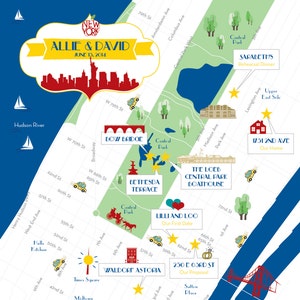 May include: A map of New York City with various landmarks and locations highlighted, including Central Park, Times Square, Madison Square Garden, and the Waldorf Astoria. The map also includes a red heart icon with the text "Lilli and Loo" and a gold ring icon with the text "230 E 50rd St Our Proposal".