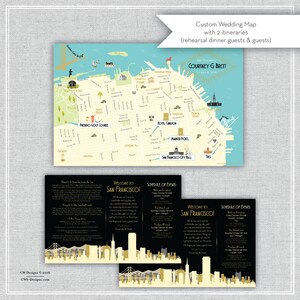 May include: A custom wedding map of San Francisco with two itineraries for rehearsal dinner guests and wedding guests. The map features landmarks like the Presidio Golf Course, Hotel Carlton, and the San Francisco City Hall. The map is in a vintage style with a blue background and yellow and white text.