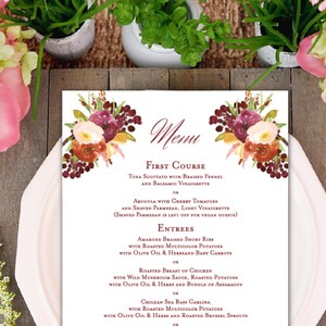 Menu di nozze personalizzati di File digitali. Evento Menu. Ricevimento. Menu per la cena. Menu di nozze. Menu tradizionale. Menù floreale. Fiori di autunno. Menu autunno.