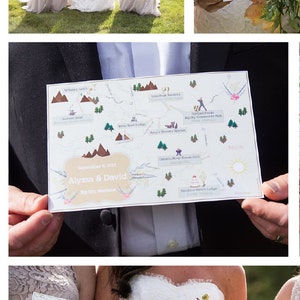 Op de afbeelding: Een huwelijksuitnodiging in de vorm van een kaart met de tekst "Alyssa & David September 8, 2018 Big Sky Montana" omringd door illustraties van bergen, bomen en bezienswaardigheden.