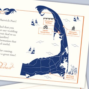 May include: A wedding invitation with a map of Harwich Port, Massachusetts, showing locations of interest. The invitation includes an itinerary for the wedding weekend, including a welcome reception, ceremony, reception, and brunch. It also lists places to eat and emergency contact information.