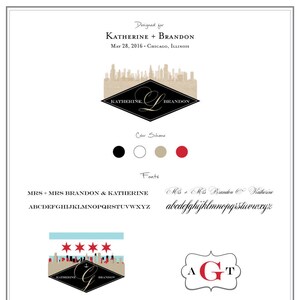 Monograma de casamento personalizado e quadro de marca, fontes e paleta de cores