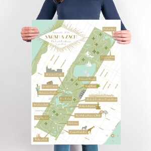 May include: A stylized map of Central Park in New York City with a gold starburst and the text "January 10, 2015 Sarah & Zach The Loeb Boathouse Central Park" at the top. The map highlights various landmarks and attractions within the park, including the Bethesda Fountain, the Mall and Literary Walk, the Dairy, and the Central Park Zoo.