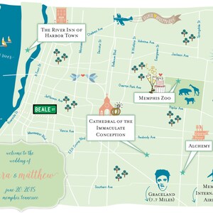 May include: A map of Memphis, Tennessee, with various landmarks highlighted, including the Cathedral of the Immaculate Conception, the Memphis Zoo, Graceland, and the Memphis International Airport. The map also includes a wedding announcement for Laura and Matthew, taking place on June 20, 2015.