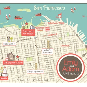 May include: A stylized map of San Francisco with various landmarks and locations highlighted, including the Golden Gate Bridge, Fisherman's Wharf, Lombard Street, and the Ferry Building. The map also features a red circle with the text "Emily and Adam" and the date "June 14, 2014".