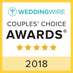 May include: A square graphic featuring the WeddingWire logo and the words "Couples' Choice Awards". It includes five gold stars and the year "2018" in black text on a yellow and white background.