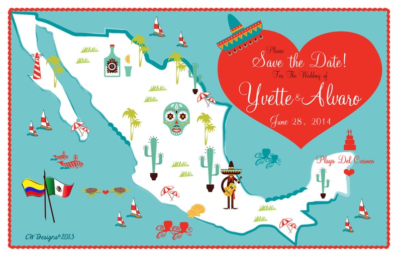May include: A turquoise wedding invitation card with a map of Mexico, decorated with sailboats, cacti, and a sugar skull. A red heart displays the names Yvette & Alvaro and the date June 28, 2014.
