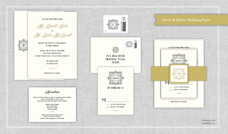 Art Deco Wedding Invitation Suite with Custom Monogram image 3