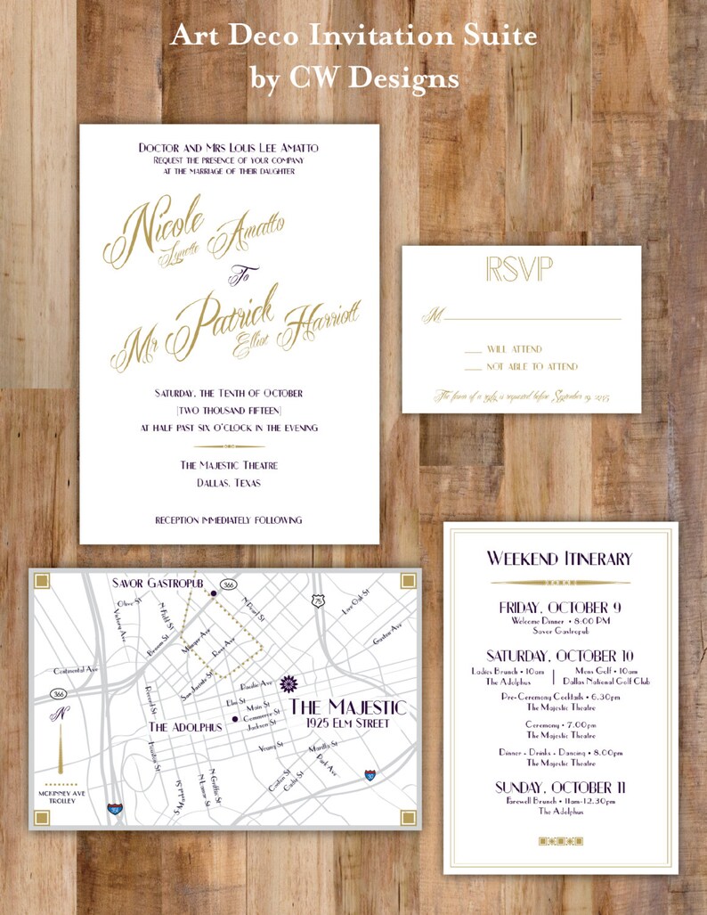 Custom Art Deco Wedding Invitation &amp; RSVP card Design Etsy