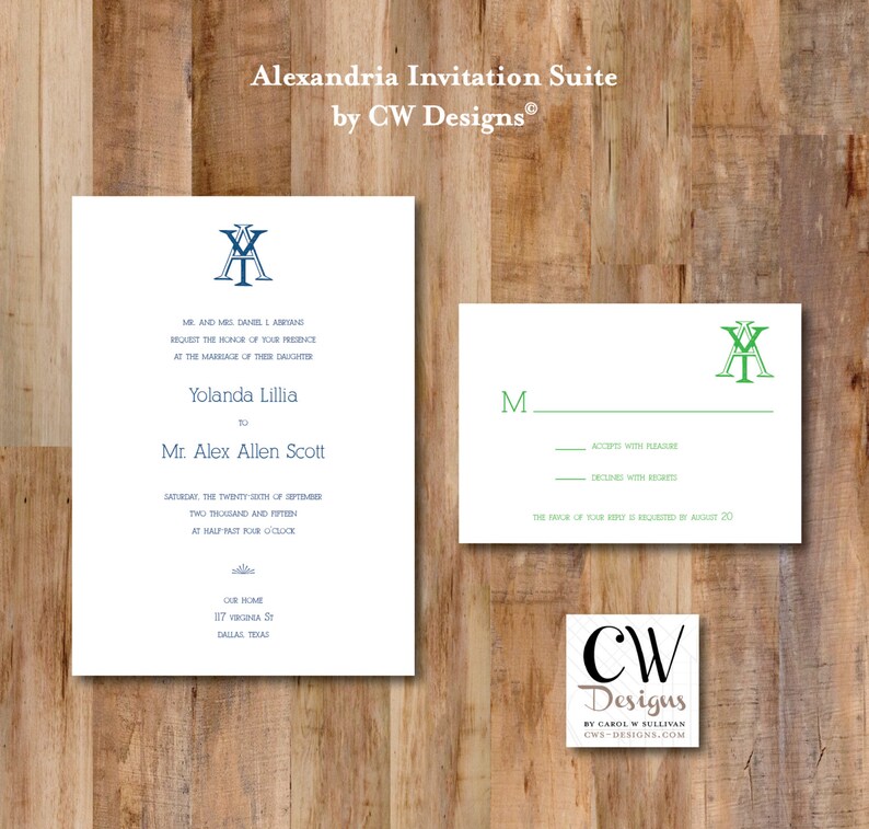 Alexandria Formal Wedding Invitation and RSVP PDF Digital Download or Prints image 1