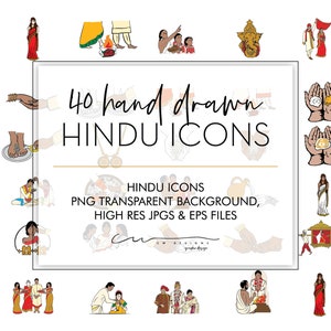 May include: A set of 40 hand-drawn Hindu icons in black and white. The icons depict various Hindu deities, symbols, and rituals. The text "40 hand drawn HINDU ICONS" is written in a decorative font at the top of the image. The text "HINDU ICONS PNG TRANSPARENT BACKGROUND, HIGH RES JPGS & EPS FILES" is written in a smaller font below the icons.