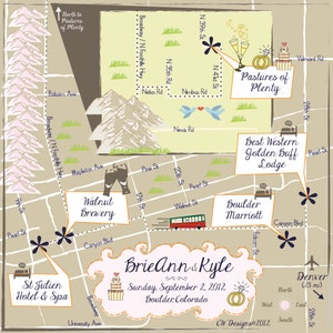 May include: A hand-drawn map of Boulder, Colorado, with wedding details for BrieAnn & Kyle. The map shows various landmarks, including the St. Julien Hotel & Spa, Walnut Brewery, Pastures of Plenty, and the Boulder Marriott. The map also includes a compass rose and a key with directions to Denver.