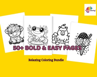 Bold and Easy Coloring Book Mega Bundle | 50 Pages | Kawaii Animals, Kawaii Food, Space & Winter | Simple Relaxing PDF for Adults, Kids