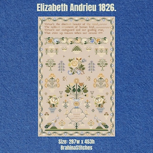 Floral Cross Stitch Sampler PDF Pattern: Antique Reproduction, Elizabeth Andrieu 1826