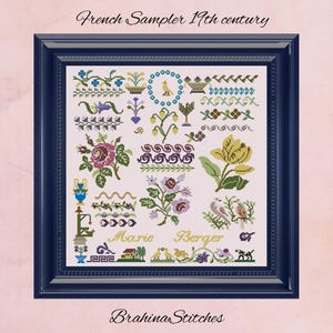 Antique French Sampler / Floral Cross Stitch Sampler PDF Pattern / Vintage Botanical Embroidery Design / Reproduction Sampler
