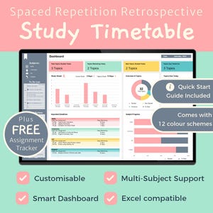 Orario di revisione delle ripetizioni dilazionate - Pianificatore di studio retrospettivo per il successo all'esame - Modello Excel personalizzabile