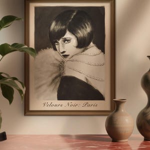 Parisian Noir Art Print – 1920s Flapper Girl in Pearls and Fur