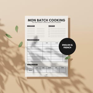 Könnte beinhalten: Ein druckbarer schwarz-weißer Planer für Batch-Cooking. Der Planer enthält Abschnitte für Zutaten, Rezepte, Zubereitungsschritte und die Planung der Mahlzeiten. Der Text auf dem Planer ist auf Französisch und der Titel lautet "Mon Batch Cooking".