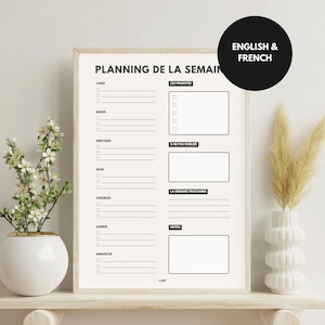 May include: A black and white printable weekly planner in a white frame. The planner is in French and English and includes sections for daily tasks, priorities, notes, and next week's plans.