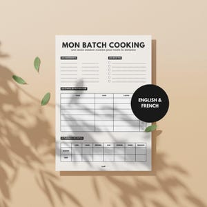 Peut inclure: Un planificateur imprimable noir et blanc avec le titre "MON BATCH COOKING" et le texte "une seule session cuisine pour toute la semaine". Le planificateur comprend des sections pour les ingrédients, les recettes, les étapes de préparation et la planification des repas.