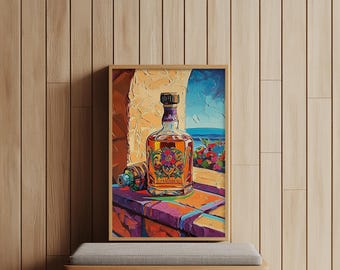 Impresión en lienzo de una botella de tequila: bodegón colorido, decoración de bar mexicano