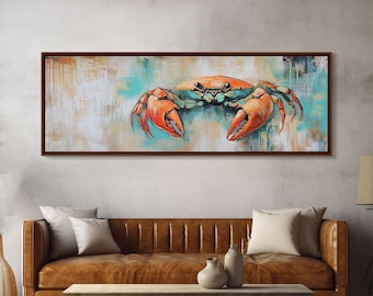 Rustic Crab Art: Framed Coastal Canvas Print, Beach House Decor
