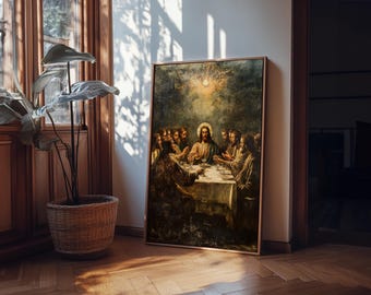 Institution of the Eucharist at the Last Supper, Vintage Christian Art Print - Romantic Framed Canvas Painting for Modern Christian Wall Ar
