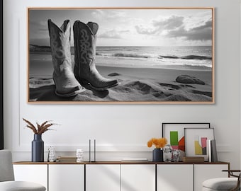 Coastal Cowgirl Print: Western Boots on Beach, Framed Canvas Art