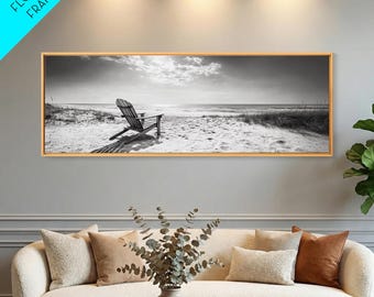 Silla costera, blanco y negro, decoración playera, vida en la playa, lienzo enmarcado, arte mural costero, arte minimalista, tonos neutros, habitación costera