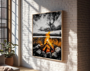 Campfire Canvas Print: Moody Rustic Cabin Wall Art