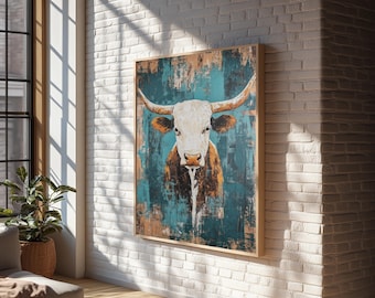 Vintage Longhorn Canvas Print: Rustic Teal Farmhouse Wall Art