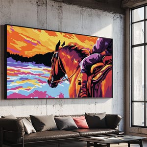 Horse Sunset, vintage horse art, rustic wall art, cowboy decor, western painting, southwest wall art, framed canvas print