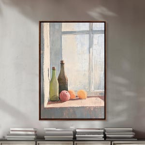 May include: An oil painting depicting a still life scene on a windowsill. Two glass bottles, one light green and one dark brown, stand next to three round orange fruits. The background features a window frame with soft light filtering through the panes.