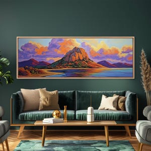 Mountain Coast, Sunset Glow, Majestic Landscape, Vibrant Horizon, Framed Canvas Print living room mountain wall art, rustic scenic decor