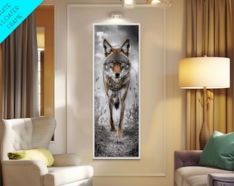 Coyote Stare Framed Canvas Print: Rustic Wildlife Wall Art