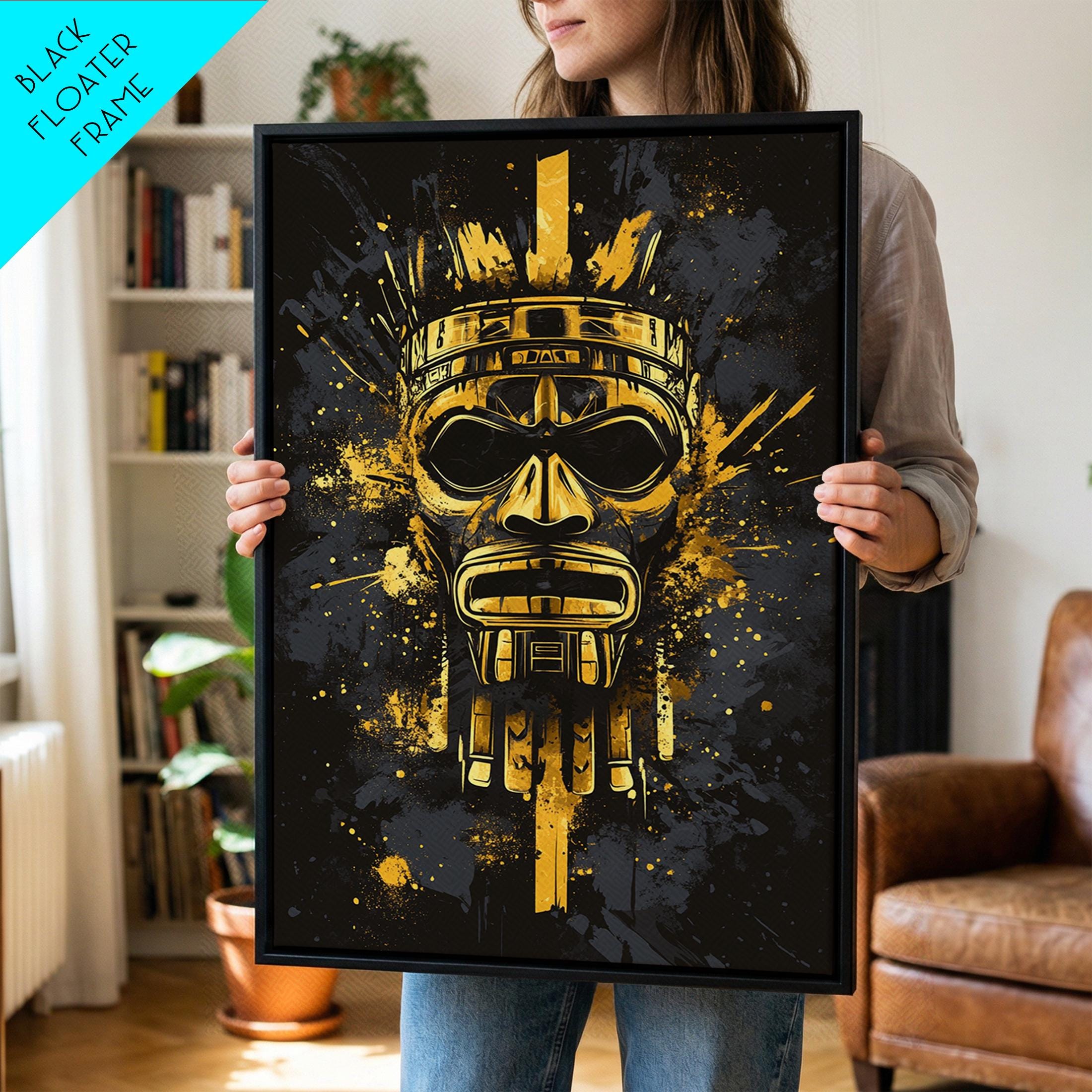Aztec Chief Mask Gold Canvas Print, Tribal Heritage Wall Art, Splatter ...