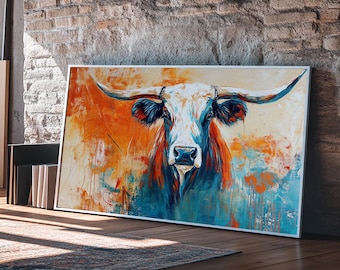 Longhorn Art, Rustic Decor, Farmhouse Art, Vintage Western Art, Southwest Wall Art, Animal Painting, Large Wall Art, Framed Canvas Print
