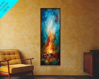 Campfire Painting: Rustic Autumn Forest Framed Canvas Art