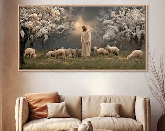 Pastores de Luz - Impresión en lienzo enmarcada - Arte mural cristiano - Pintura de Jesús - Lienzo de arte cristiano - Paisaje pastoral - Cristo cristiano