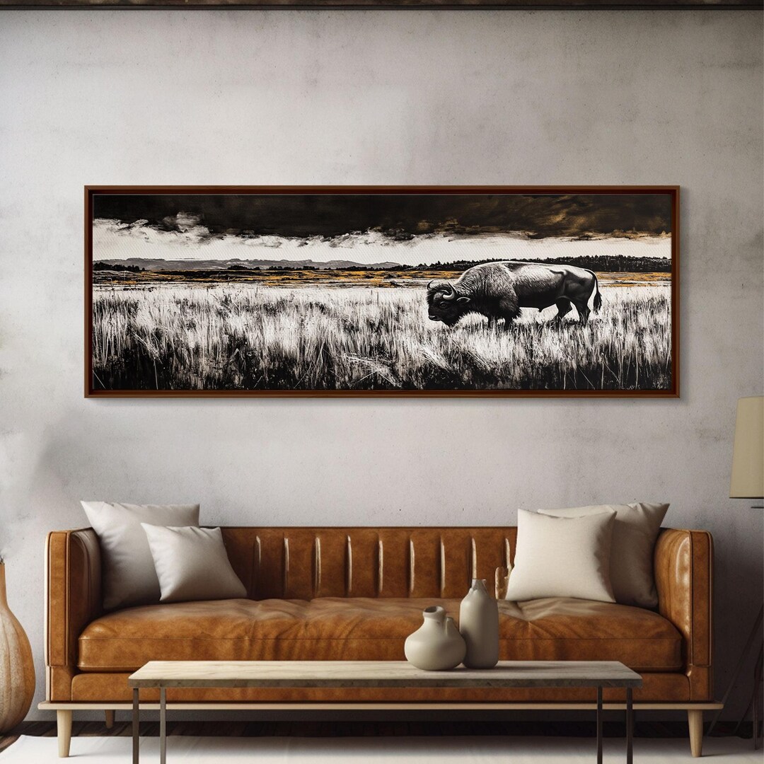 Bison Painting: Rustic Black and White Framed Canvas Print - Etsy