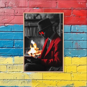 Red Jacket, Reading Firelight, Cozy Vibes, Stylish Man, Framed Canvas Print, Fall Wall Art, Office Decor, Modern Masculine Art